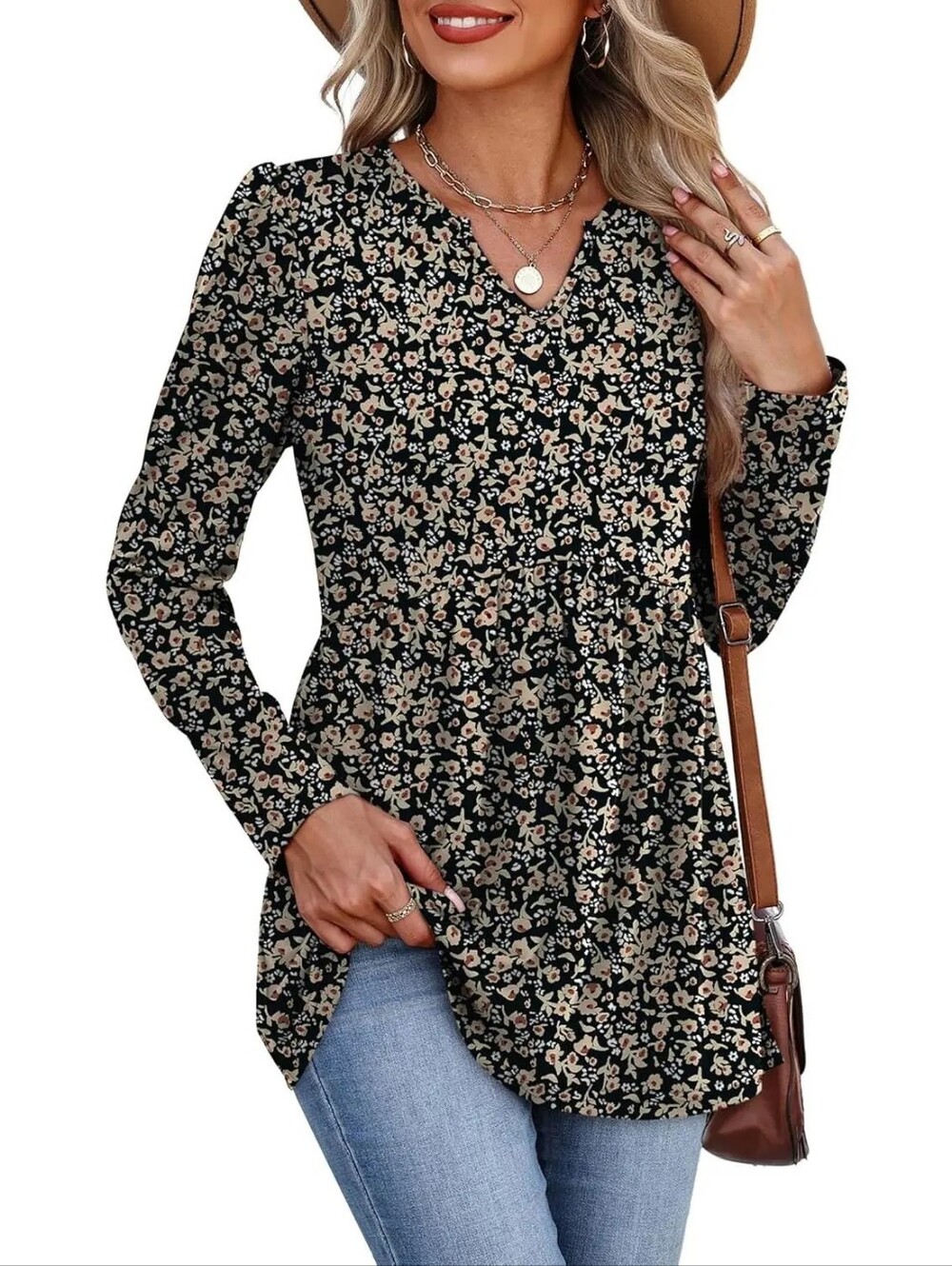 Tunic Blouse With Autumn Floral Print Women's XL Wiholl Long Sleeve V Neck